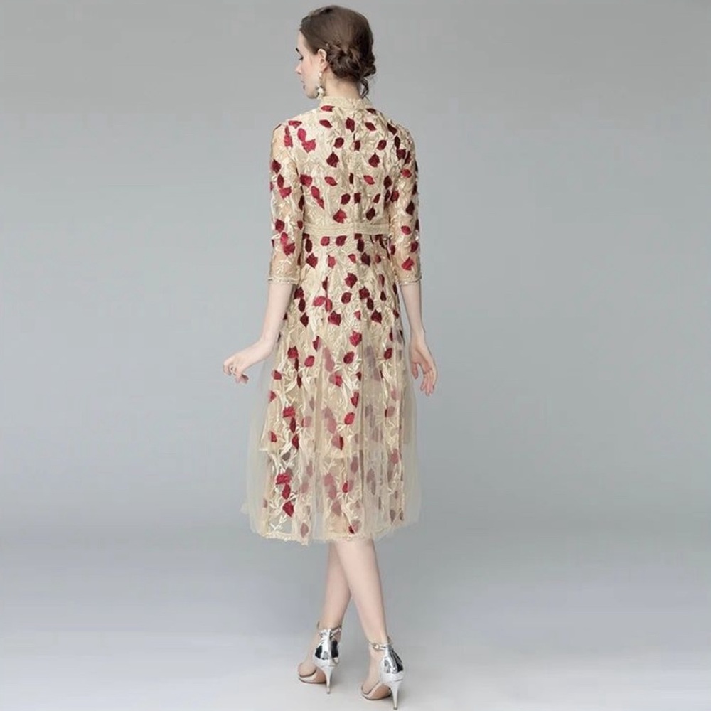 boutique floral embroidered midi dress M vintage look victorian fit & flare NWOT - Picture 2 of 12